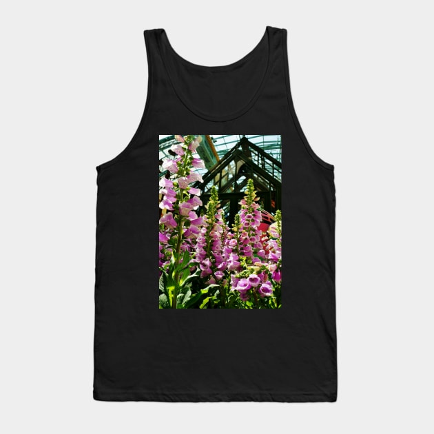 Pink Foxglove Framing a Glass Greenhouse Tank Top by 1Redbublppasswo